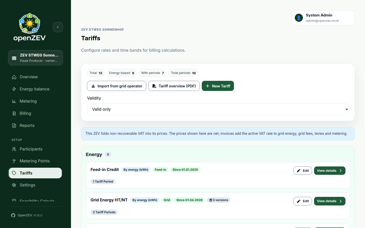 Tariff detail drawer showing version history, a price history chart and the high and low tariff bands