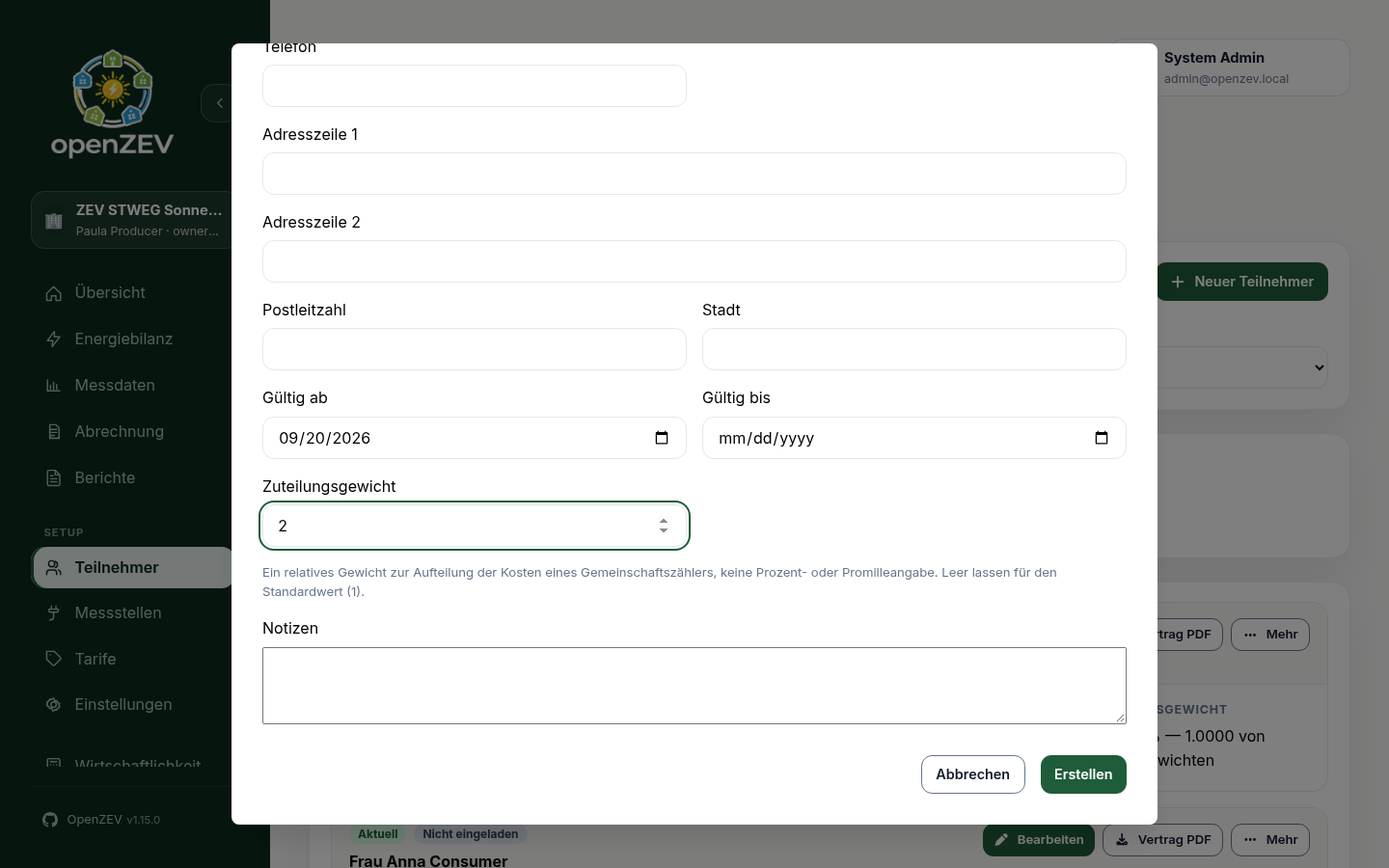 Allocation weight on the participant form