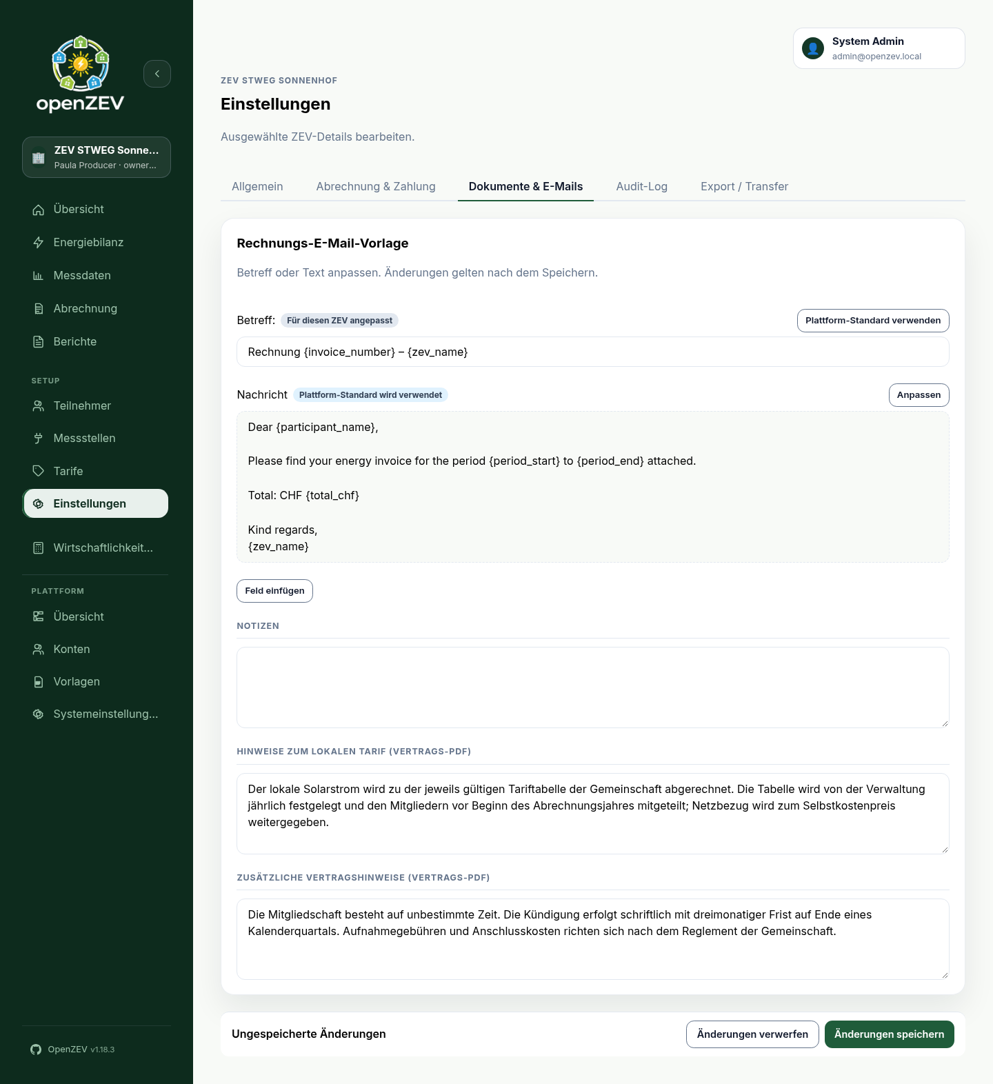 Document and email settings