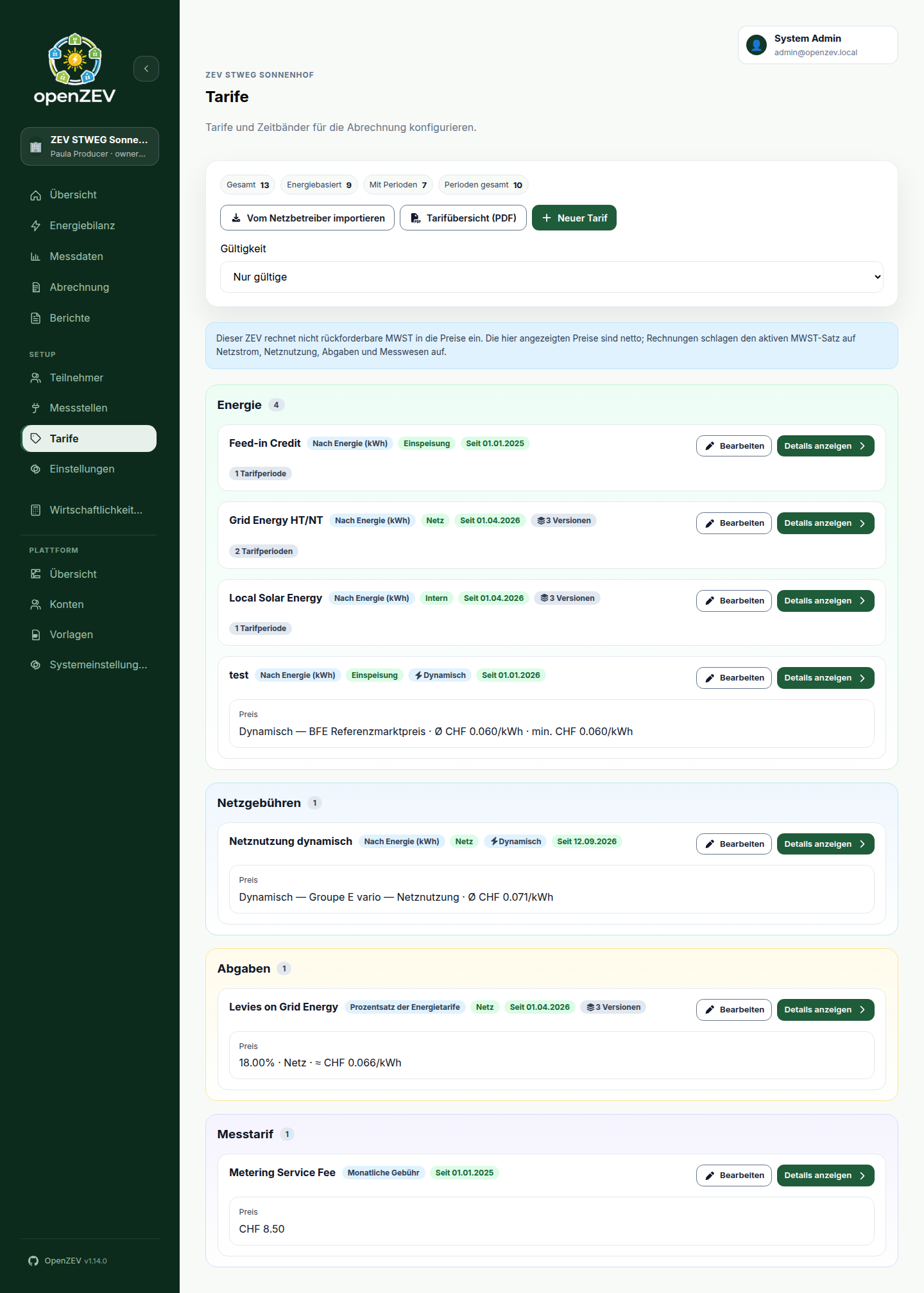 Tariffs page