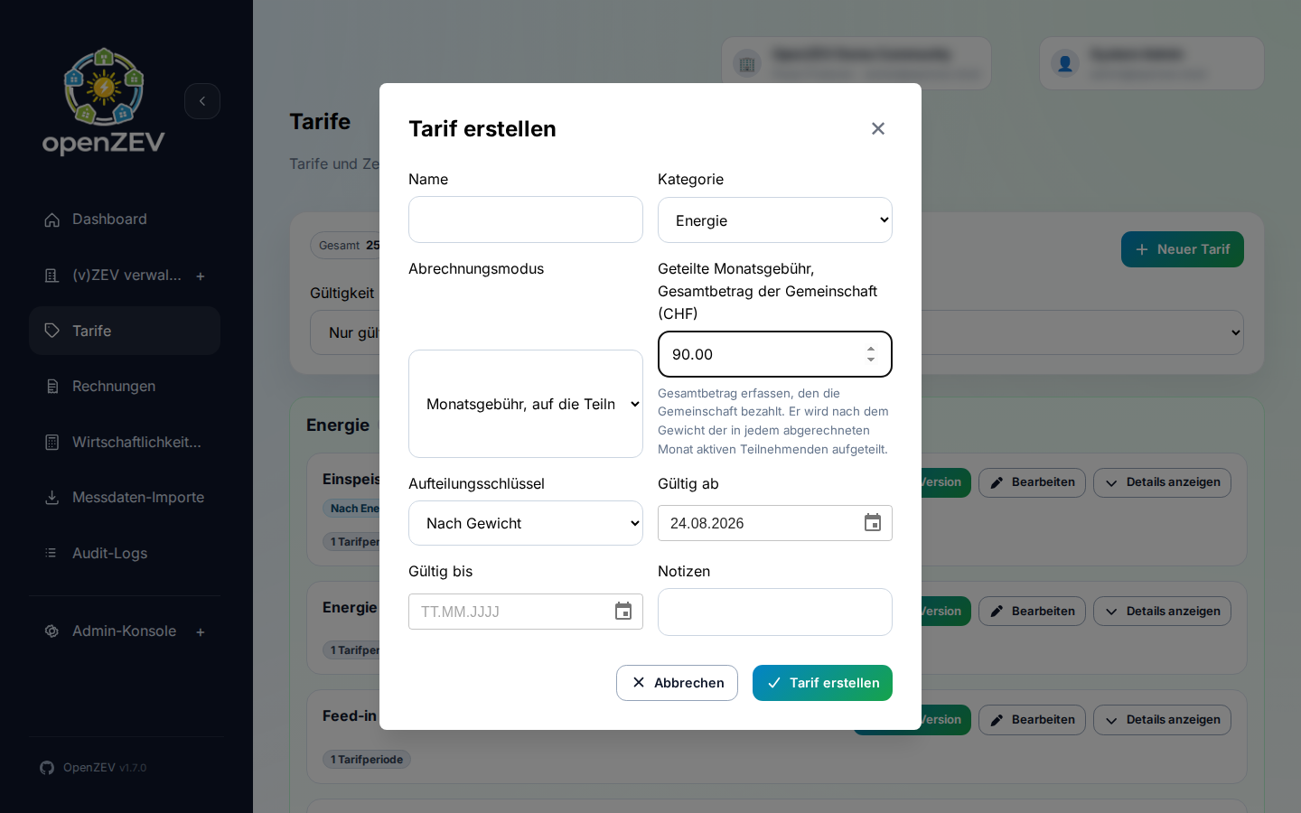 Split key selector on a shared fee tariff