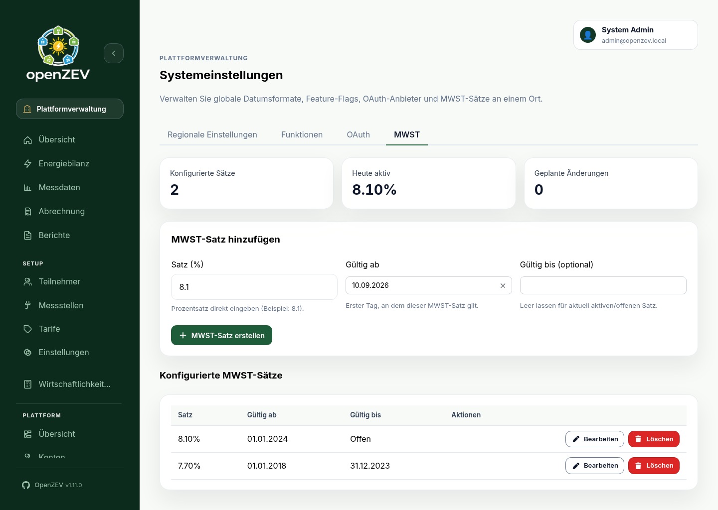 VAT settings